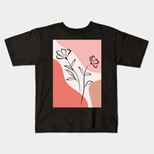 Abstract Botanical Poppy Line Art Flowers On Pink Kids T-Shirt